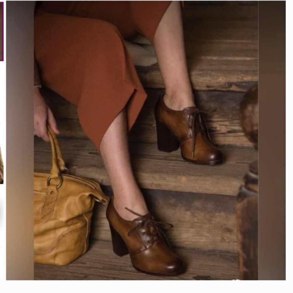 TAYLOR SWIFT Frye Carson Lace-Up Brown Cognac Leather Heeled Oxford Ankle Bootie - Picture 6 of 16